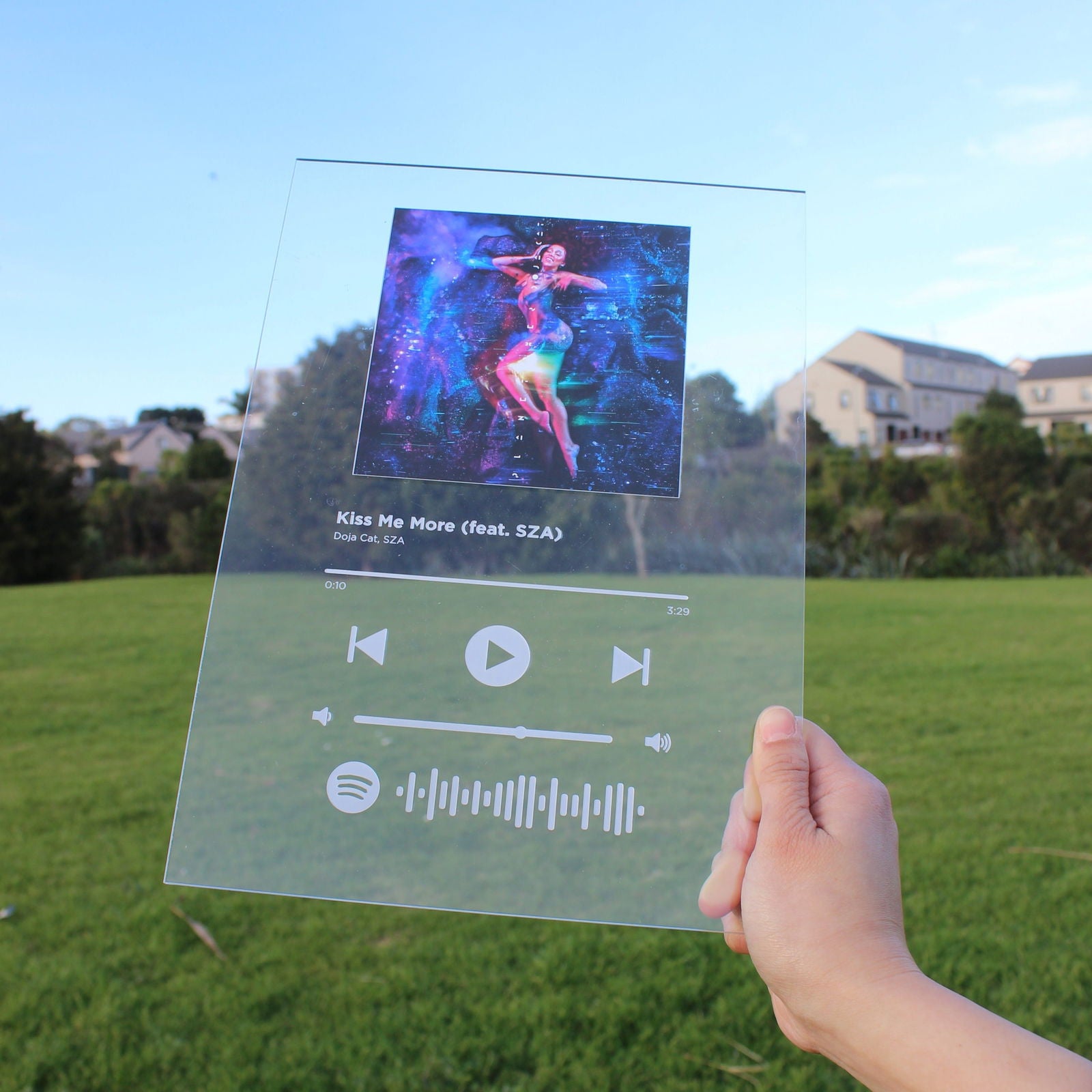 Sample customised Spotify Plaque without base in outdoor green field