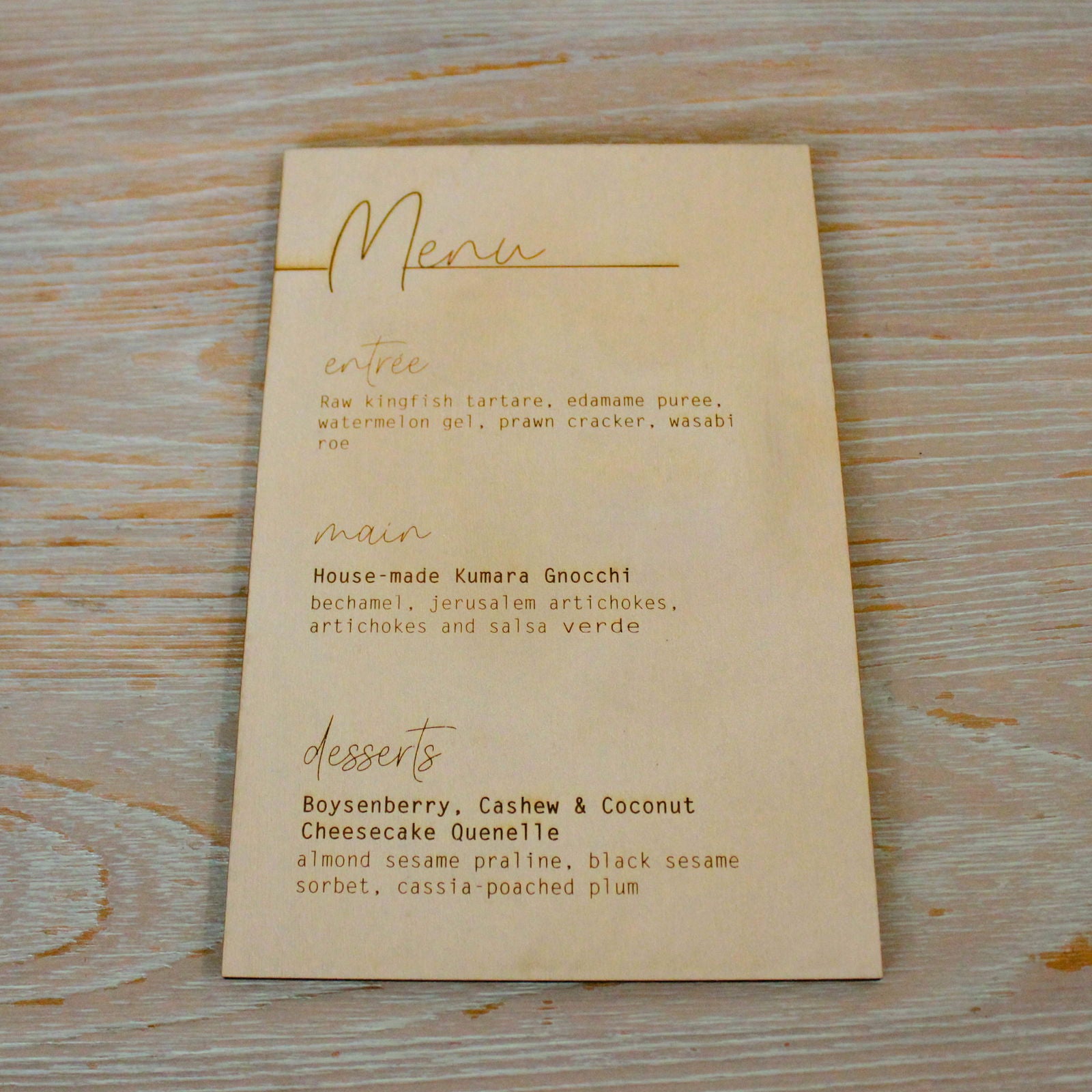 Three Course Menu sample on wood